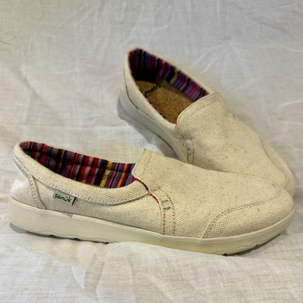 Sanuk woman’s Canvas Slip-On Casual Shoes Beige Cork Insole Striped US 8 EU 39